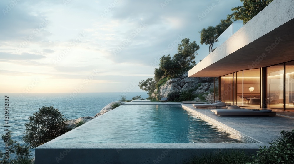 Fototapeta premium Modern cliffside home with infinity pool overlooking the ocean.