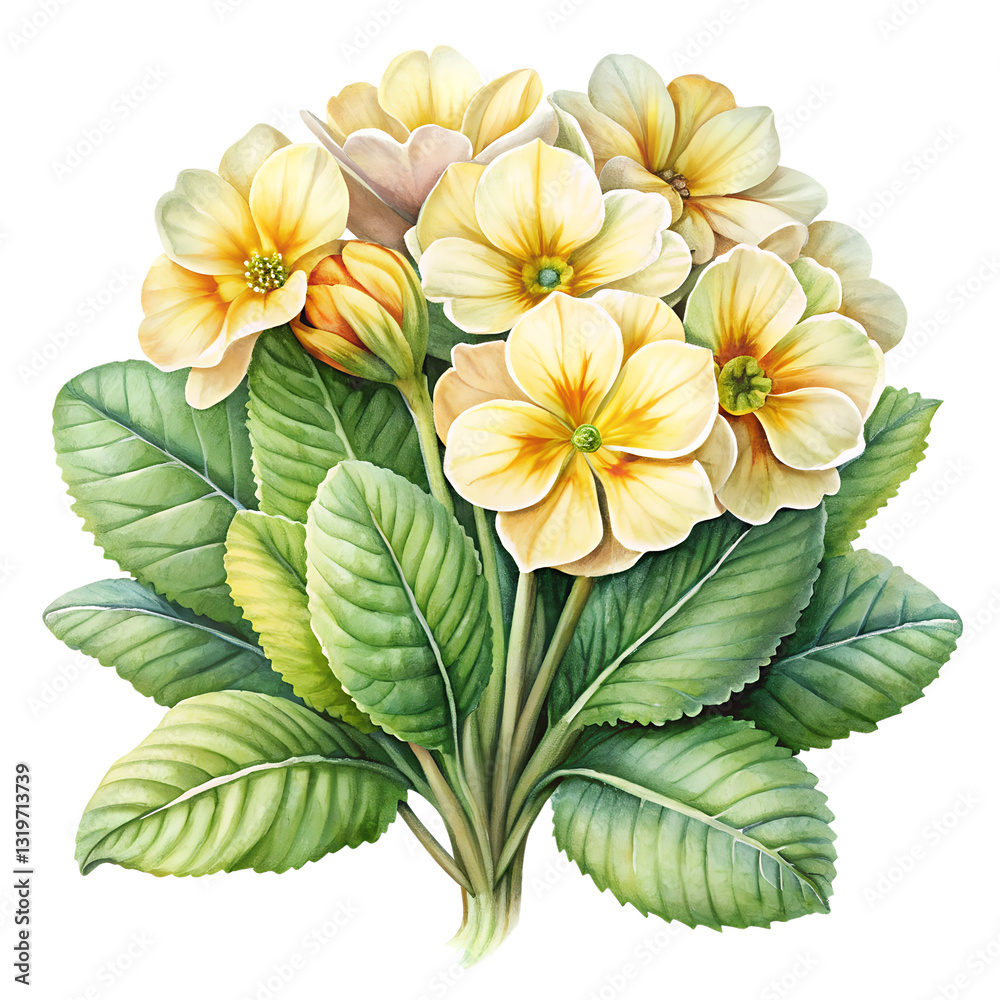 Obraz premium Primroses Bouquet: A beautiful bouquet of delicate primroses in full bloom, showcasing their soft yellow petals and lush green leaves. Captured in a vivid, photo-realistic style.