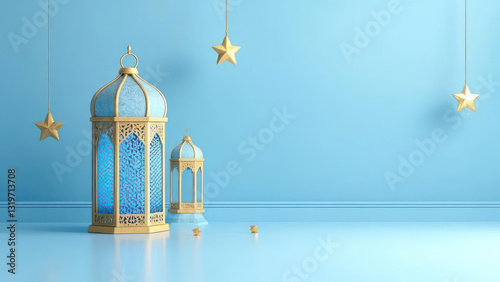 Islamic Banner Design with stylish Ornamental Lanterns and Stars in Serene Blue Background Setting. Backdrop Design for Eid al-Fitr, Eid al-Adha and Islamic New Year. 16:9 Ratio