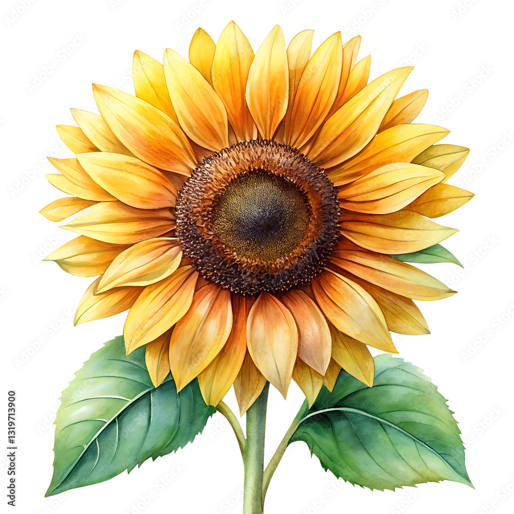 Naklejka premium Sunflowers in Full Bloom: A radiant sunflower showcases its vibrant yellow petals and a dark center, symbolizing warmth, happiness, and the beauty of nature's artistry.