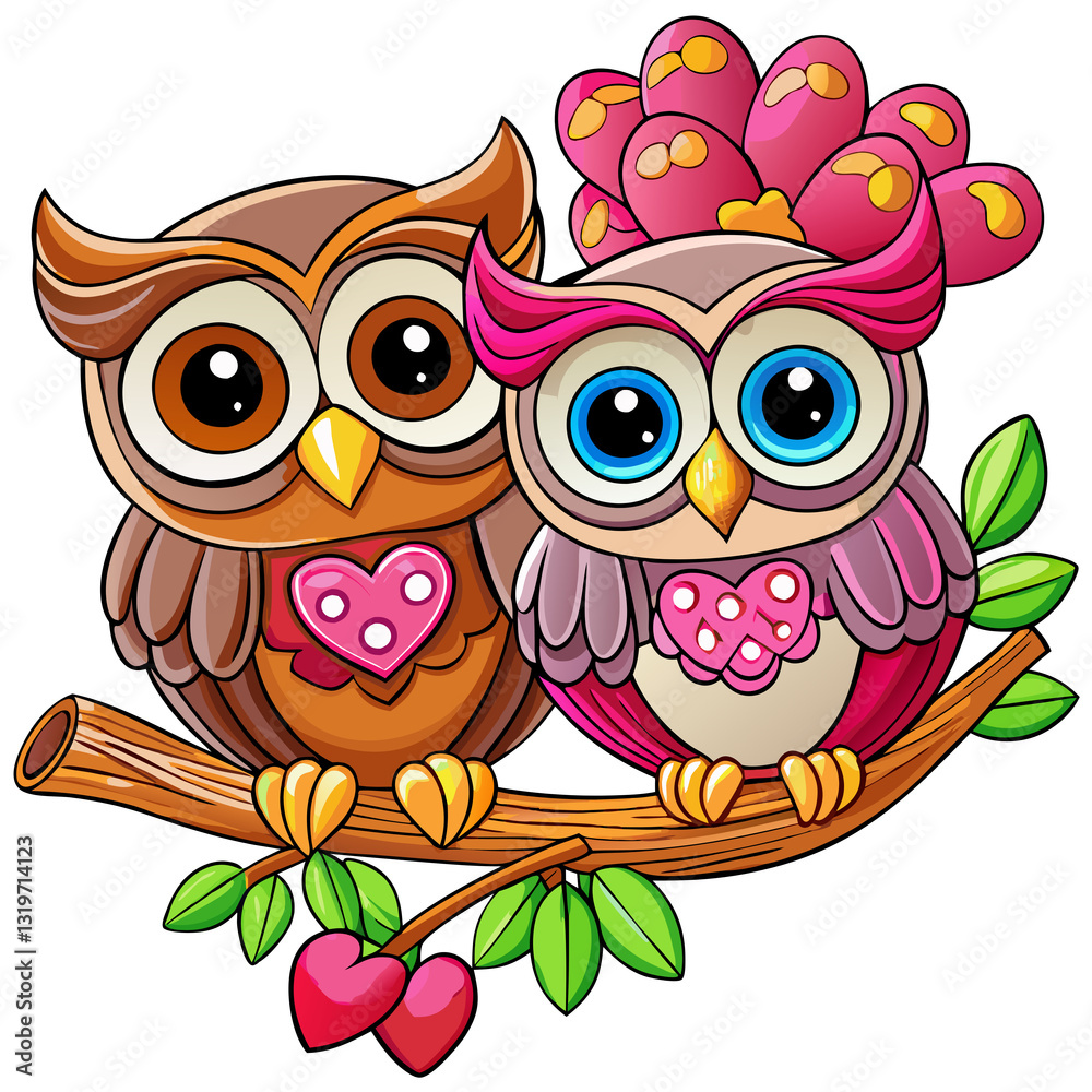 Fototapeta premium Adorable owls gazing lovingly at each other on an elegant branch in transparent background