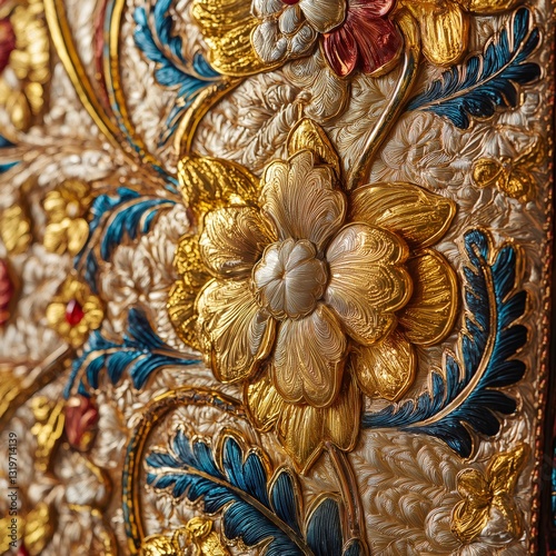 Gold embroidery forming floral motifs on liturgical vestment for easter celebrations. Generative ai illustrations