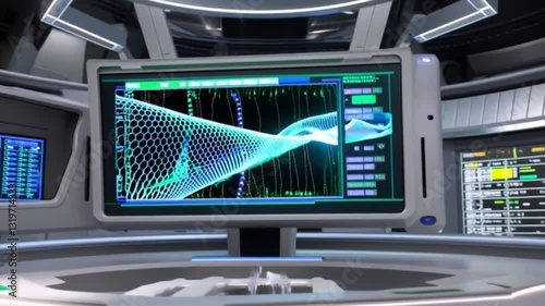 DNA Helix analysis visualization data, genome sequence ui screen, futuristic genetic engineering lab infographic interface, 3D