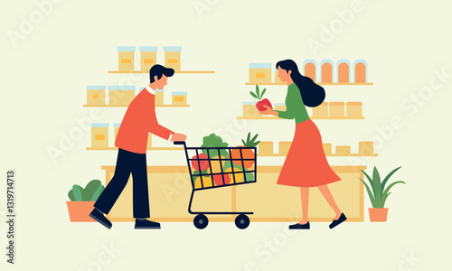 Flat Design Vector Illustration of Person Grocery Shopping with Cart, Fresh Produce, and Supermarket Shelves
