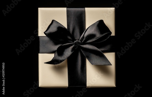 Elegant cream gift box with black ribbon on black background