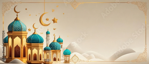 Islamic Banner Design with illuminated Mosque Architecture with Domes and Minarets at Sunset Ambiance. Backdrop Design for Eid al-Fitr, Eid al-Adha and Islamic New Year. 21:9 Ratio