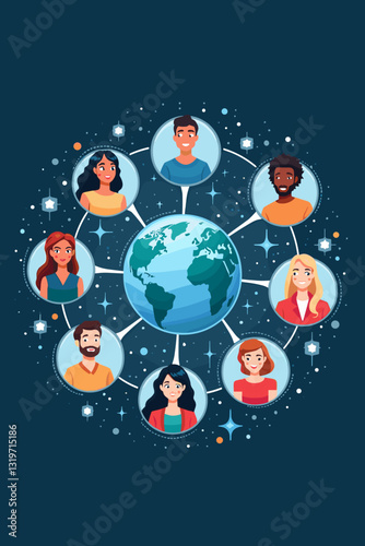 Diverse global community connecting via digital network technology colorful vector illustration people from around the world online collaboration communication social media internet connection