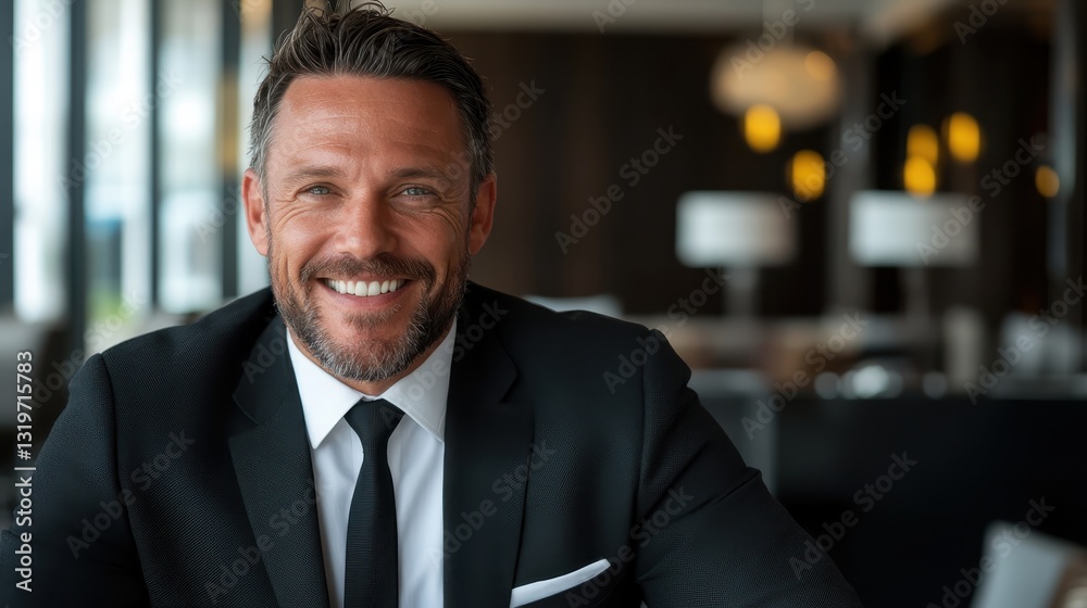 A well-dressed man with a broad smile poses confidently in a sophisticated, modern indoor setting, representing success and professionalism in business. A well-dressed man with a broad smile poses confidently in a sophisticated, modern indoor setting, representing success and professionalism in business.