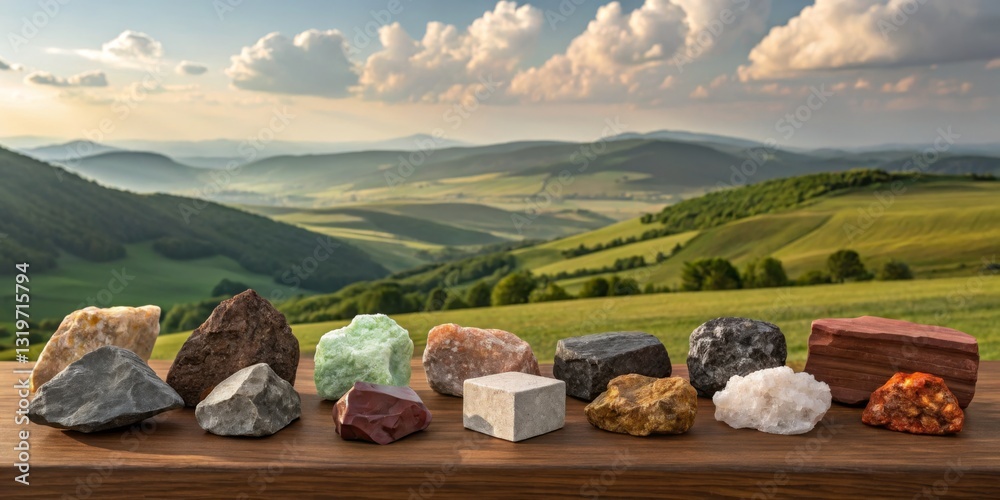 Collection of natural stones displayed on a wooden table with a scenic landscape in the background during sunset