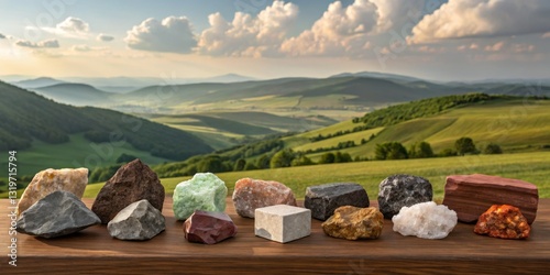 Obraz na płótnie Collection of natural stones displayed on a wooden table with a scenic landscape in the background during sunset w salonie