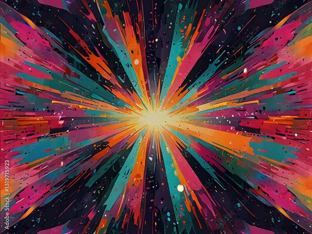 A vibrant, energetic abstract pop-art style background radiates with a kaleidoscope of colors, blending bright pink, orange, and turquoise hues with soft greens and yellows, creating a mesmerizing