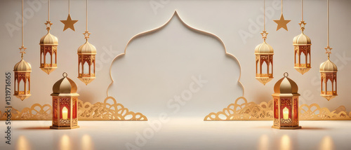 Islamic Banner Design with stylish Ornamental Lanterns and Stars in Serene Blue Background Setting. Backdrop Design for Eid al-Fitr, Eid al-Adha and Islamic New Year. 21:9 Ratio