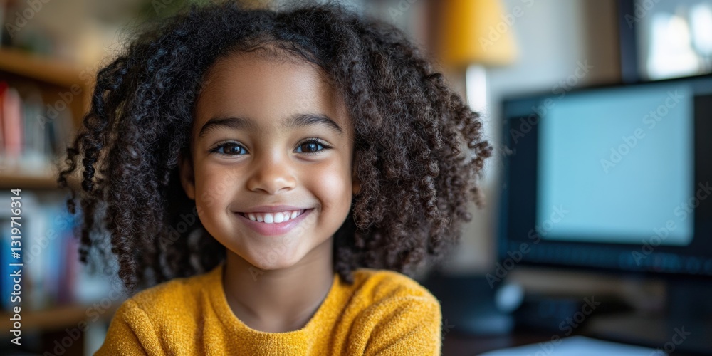 Joyful child smiling at home desk lifestyle portrait bright room Joyful child smiling at home desk lifestyle portrait bright room