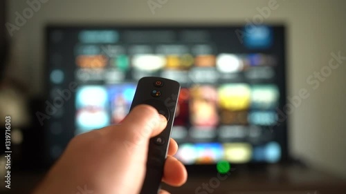 Wallpaper Mural A person holds a remote in front of a vibrant TV screen, ready to browse and enjoy shows Torontodigital.ca