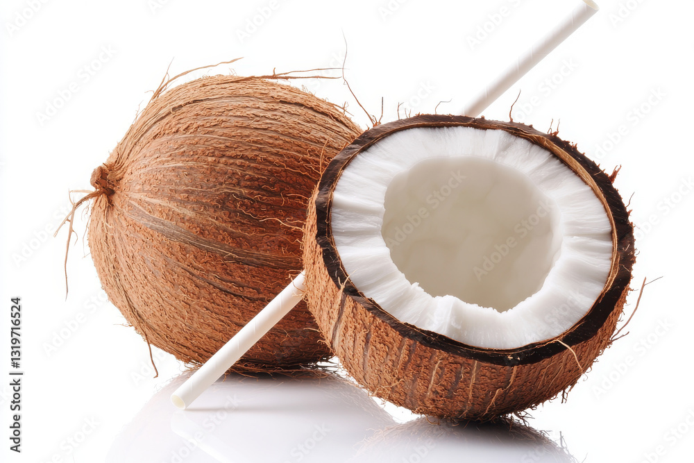 A fresh coconut with a straw isolated on a clean white background A fresh coconut with a straw isolated on a clean white background