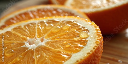 Obraz na płótnie Freshly cut oranges with droplets of juice glistening under soft light in a kitchen setting w salonie