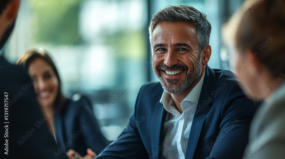 Confident successful businessman smiling during meeting corporate job tie team work suit gray hair Confident successful businessman smiling during meeting corporate job tie team work suit gray hair