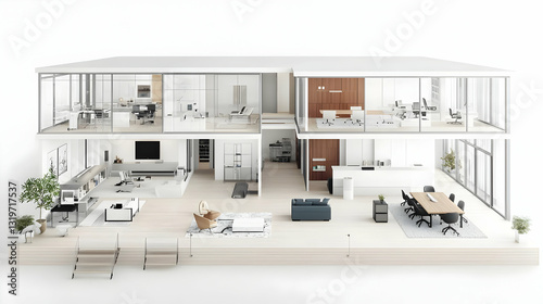 Architectural Interior Cutaway Model Showing Modern Office Layout with White Walls and Furniture