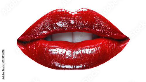 Lips, red lipstick, mouth isolated on transparent background with white teeth. Sexy kiss, female mouth close up, sensual seductive tongue in the mouth of a young woman cosmetics. Cosmetology