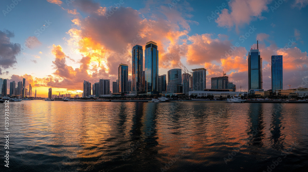 Obraz premium An image of the Dubai International Financial District taken vertically. enormous skyscrapers. tall office and residential structures mixed together. lovely skyline. The golden hour.