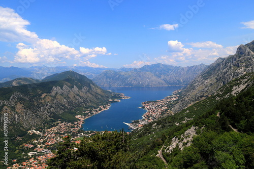 Beautiful Kotor Bay and old city Kotor surrounded by high mountains in Montenegro. Full top view boka kotorska