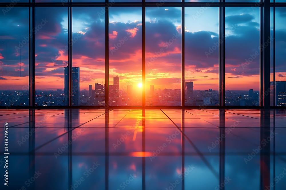 Fototapeta premium Stunning Cityscape Sunset View from Modern Office Window