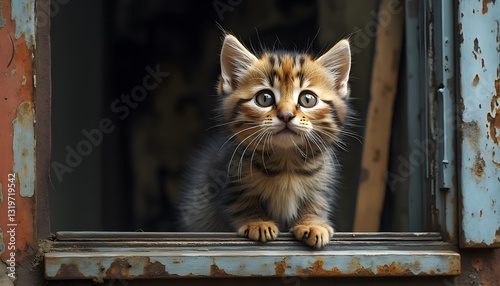 Adorable Kitten Peeking Through Rusty Window