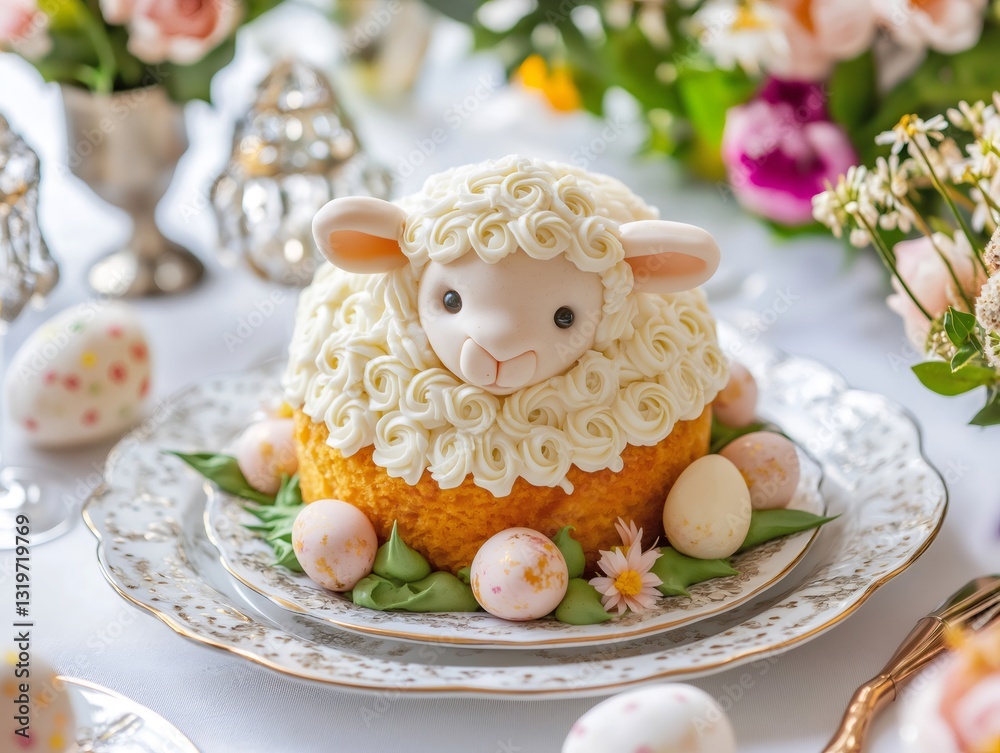 Obraz premium Lamb shaped cake representing easter tradition on festive table. Generative ai illustrations