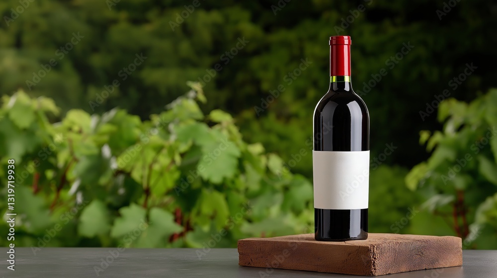 Fototapeta premium Elegant Bottle of Red Wine with Blank Label on Wooden Block in Vineyard Setting with Lush Green Background