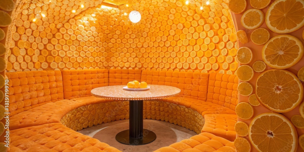 Unique interior design featuring orange-themed seating and decor in a cozy lounge setting