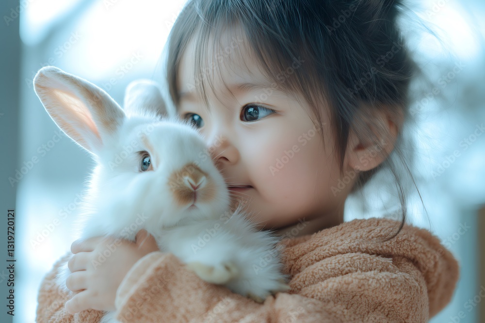 Little girl gently holding easter bunny rabbit. Generative ai illustrations Little girl gently holding easter bunny rabbit. Generative ai illustrations