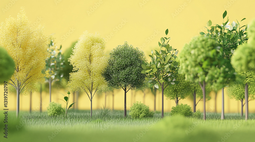 Obraz premium Lush Green Tree with Vibrant Leaves on Minimalist Background Three trees in a row, showcasing the changing seasons, 