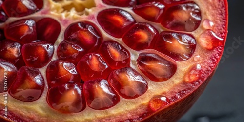 Pomegranate seeds reveal vibrant red jewels inside a freshly cut fruit on a dark surface in natural lighting