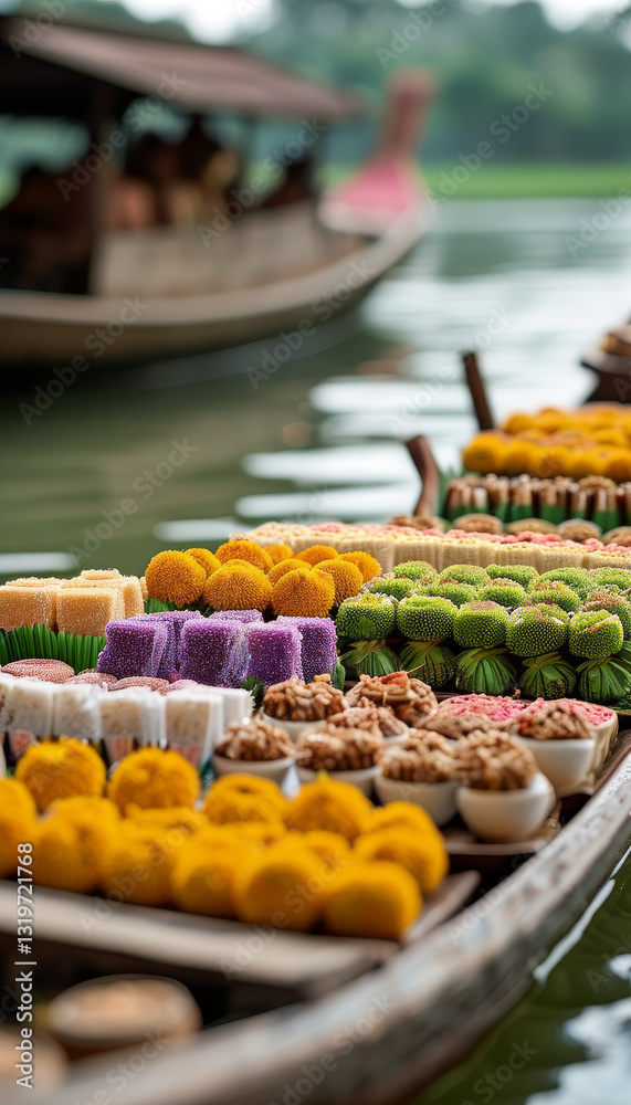 Fototapeta premium Thailand Songkran concept, floating market during Songkran, boats decorated with garlands of jasmine and marigold flowers, traditional Thai sweets, Thai New Year