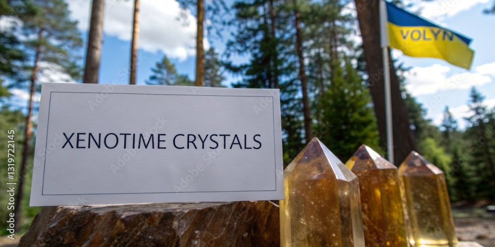 Xenotime crystals displayed in a forest setting with a Ukrainian flag in the background