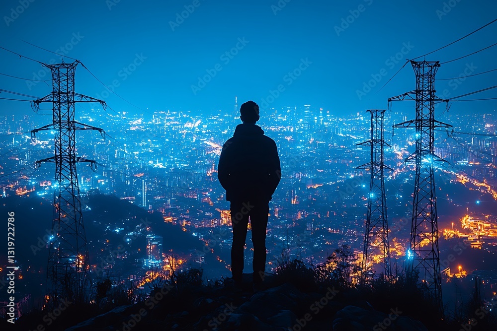 Fototapeta premium Silhouette Man Night Cityscape View Power Lines Electricity Urban Landscape