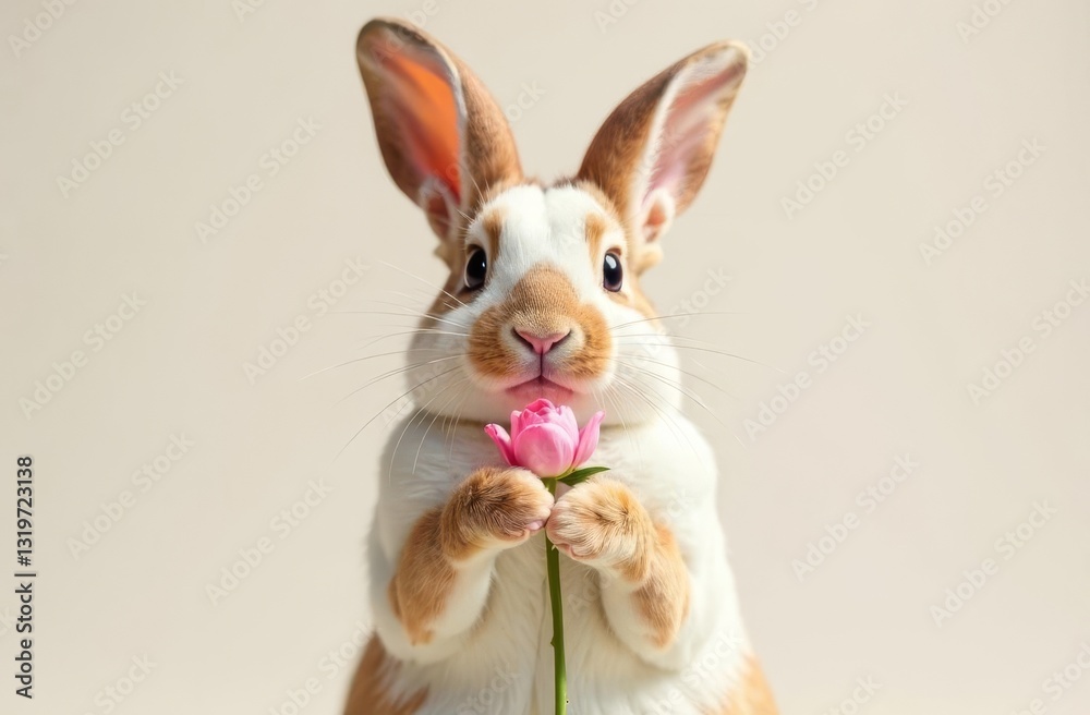 Fototapeta premium Adorable cute bunny holding a flower in his paws. Foreground. Light background. Happy Easter concept and idea