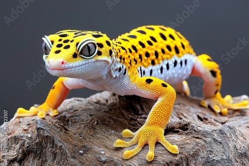 A vibrant leopard gecko perched on a textured rock, showcasing its unique colors