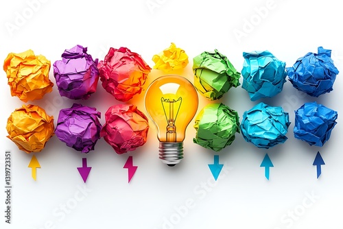 Bright Idea Glowing Light Bulb Surrounded by Colorful Crumpled Paper Balls