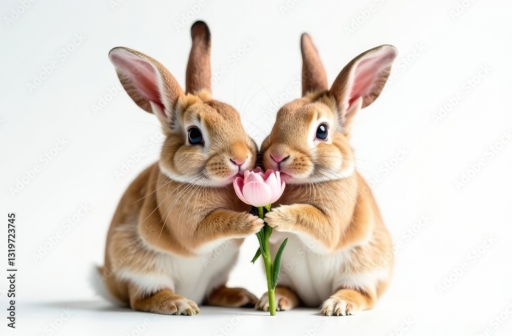 Fototapeta premium Two adorable cute rabbits holding a flower in their paws. Foreground. Light background. Happy Easter concept and idea