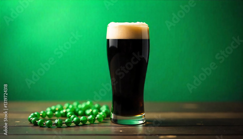 Beer, glass, dark, stout, foam, green, background, festive, celebration, St. Patrick's Day, Irish, pub, drink, refreshing, cold, creamy, rich, malty, smooth, velvety, robust, hearty, full-bodied, frot photo