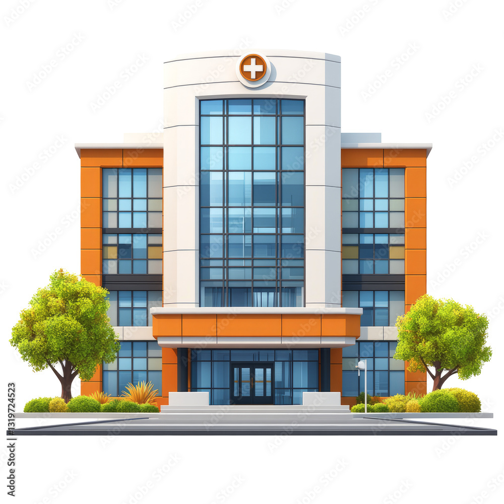 Obraz premium Modern Cartoon Hospital Building Exterior. Healthcare Facility With Trees And Landscaping.