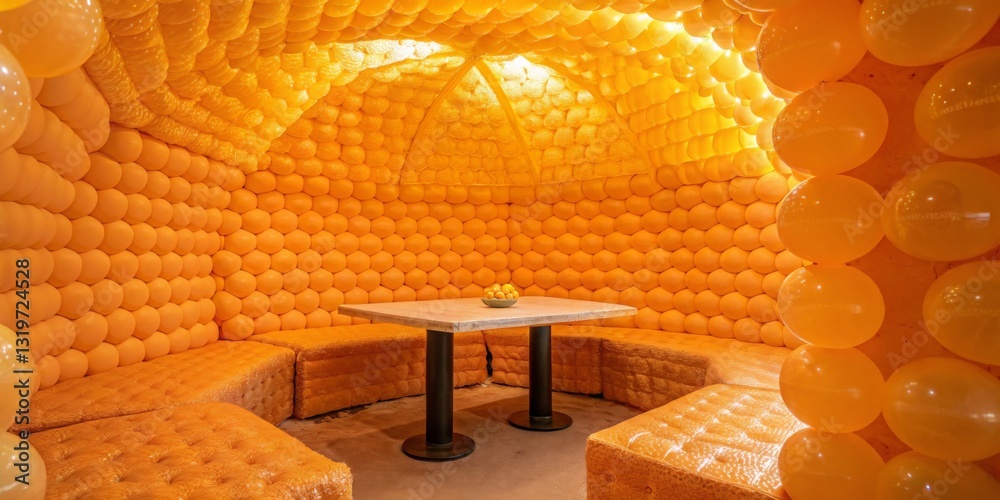 Unique interior design featuring a cozy, balloon-filled lounge area with warm yellow tones and inviting seating