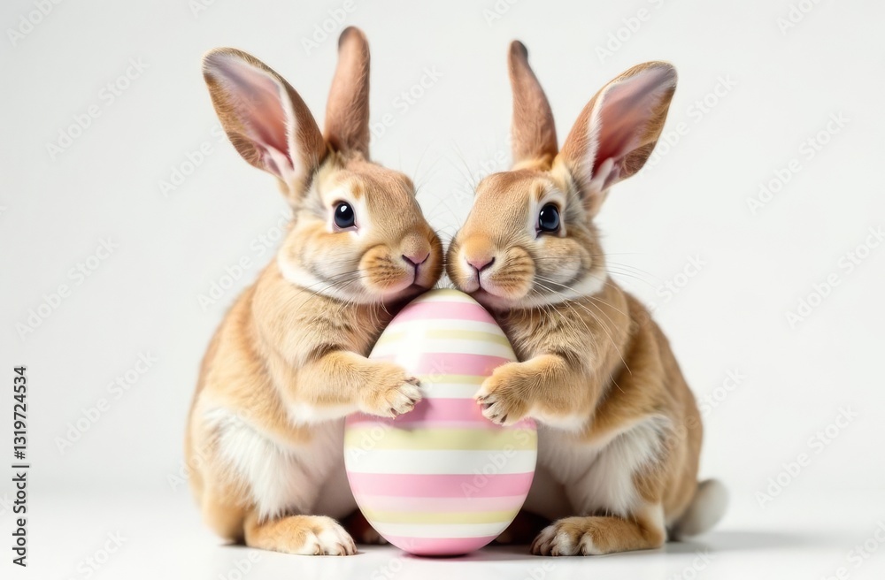 Obraz premium Two cute rabbits holding an Easter egg in their paws, white background. Space for text, congratulations. Happy Easter concept and idea