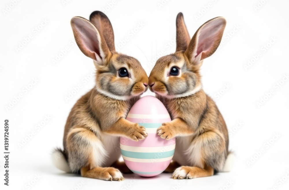Fototapeta premium Two cute rabbits holding an Easter egg in their paws, white background. Space for text, congratulations. Happy Easter concept and idea