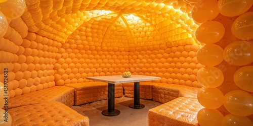 Obraz na płótnie Unique interior design featuring a cozy, balloon-filled lounge area with warm yellow tones and inviting seating w salonie