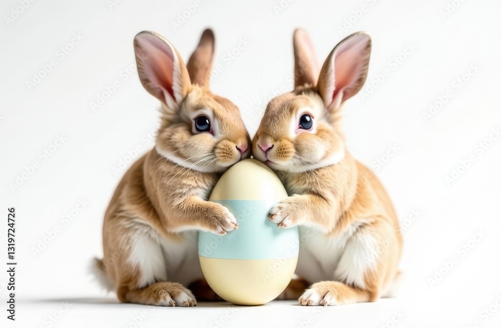 Fototapeta premium Two cute rabbits holding an Easter egg in their paws, white background. Space for text, congratulations. Happy Easter concept and idea