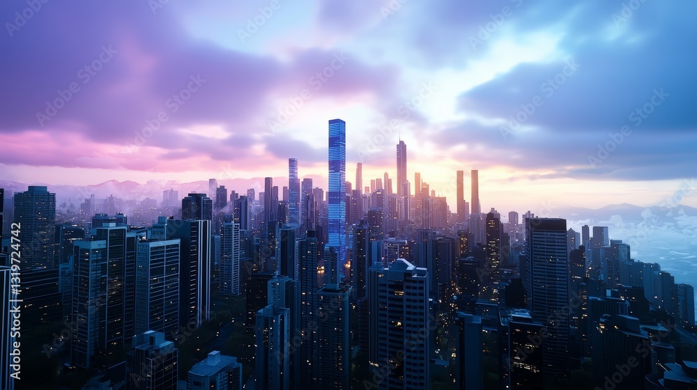 Fototapeta premium City skyline with a beautiful sunset in the background. The sky is a mix of blue and pink, creating a serene and peaceful atmosphere. The city is bustling with activity, with tall buildings