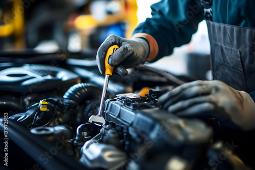 Automotive repair expert using a wrench to service a car engine in a professional workshop