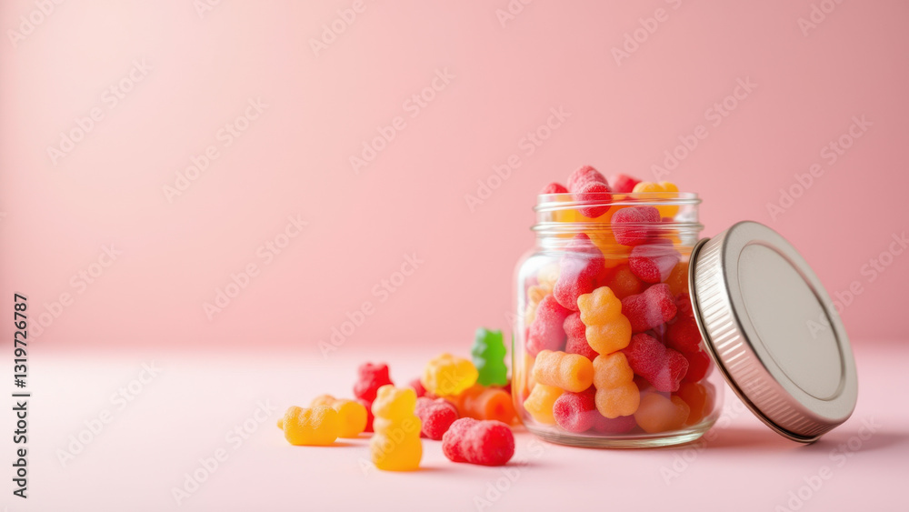 A clear glass jar filled with colorful, dye-free gummy candies placed on a pink surface with a few candies spilled out of the jar. A clear glass jar filled with colorful, dye-free gummy candies placed on a pink surface with a few candies spilled out of the jar.